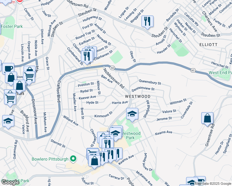 map of restaurants, bars, coffee shops, grocery stores, and more near 102 Dale Street in Pittsburgh