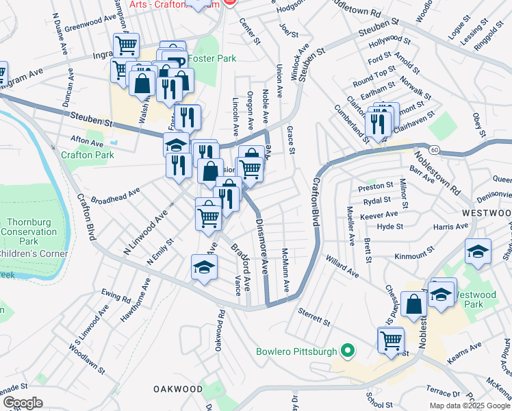 map of restaurants, bars, coffee shops, grocery stores, and more near 78 East Crafton Avenue in Crafton