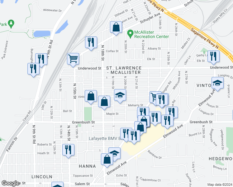 map of restaurants, bars, coffee shops, grocery stores, and more near 1915 Perrine Street in Lafayette