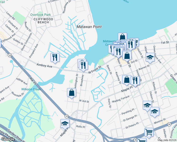 map of restaurants, bars, coffee shops, grocery stores, and more near 165 West Front Street in Keyport