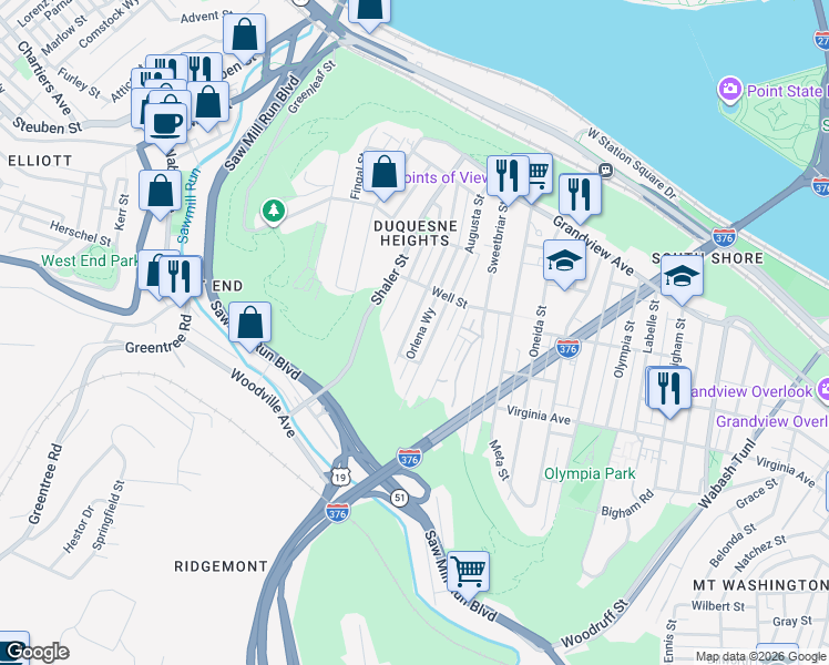 map of restaurants, bars, coffee shops, grocery stores, and more near 433 Edith Street in Pittsburgh