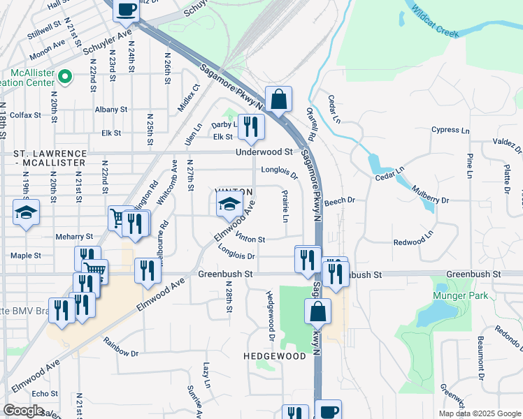 map of restaurants, bars, coffee shops, grocery stores, and more near 3101 Elmwood Avenue in Lafayette