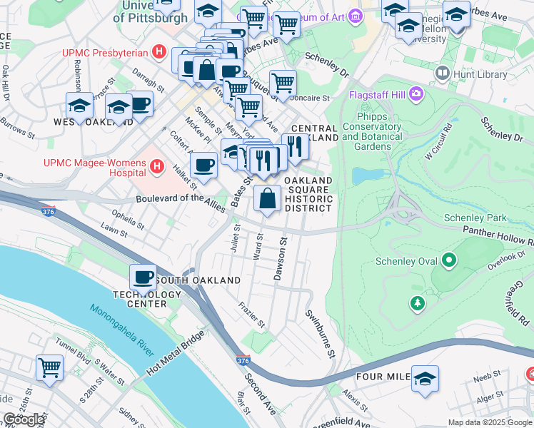 map of restaurants, bars, coffee shops, grocery stores, and more near 3414 Ward Street in Pittsburgh