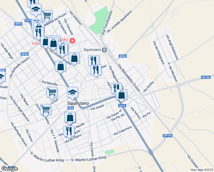 map of restaurants, bars, coffee shops, grocery stores, and more near 18 Via Roma in Squinzano