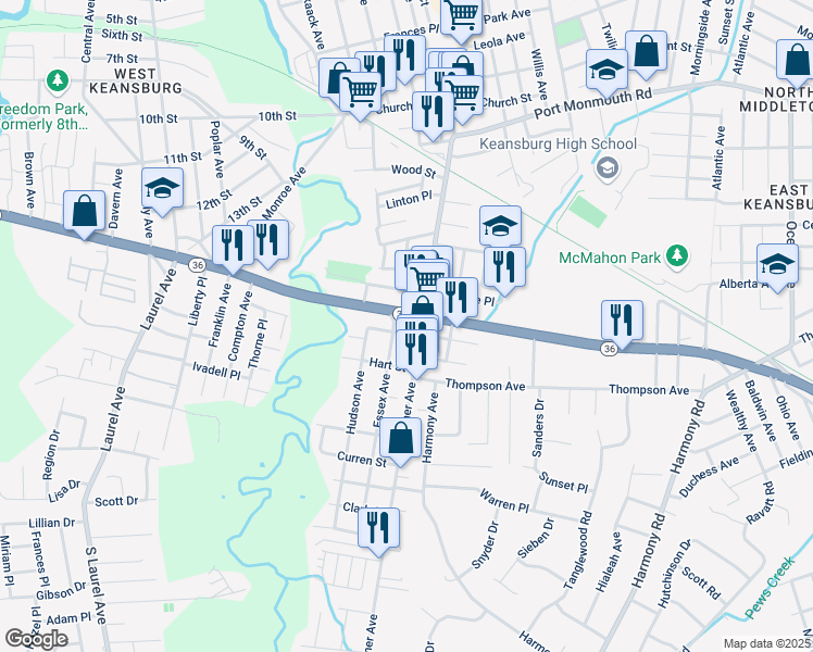 map of restaurants, bars, coffee shops, grocery stores, and more near 9 New Jersey 36 in Keansburg