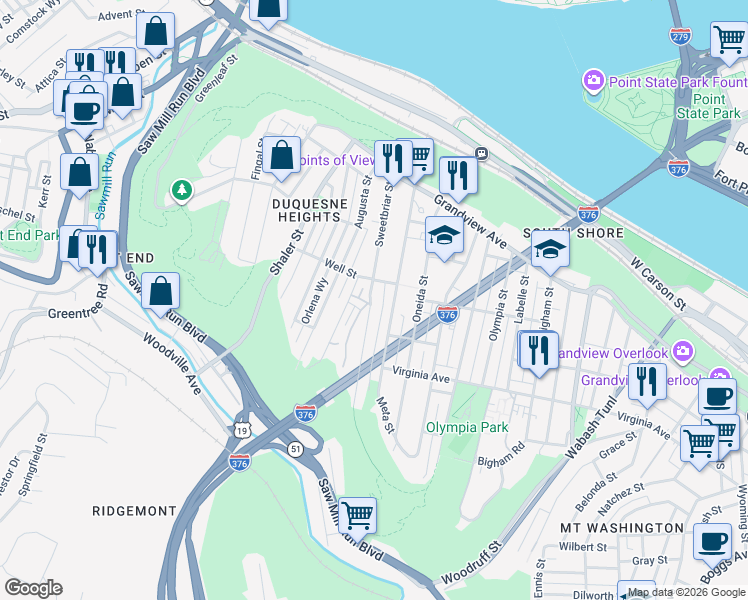 map of restaurants, bars, coffee shops, grocery stores, and more near 409 Sweetbriar Street in Pittsburgh
