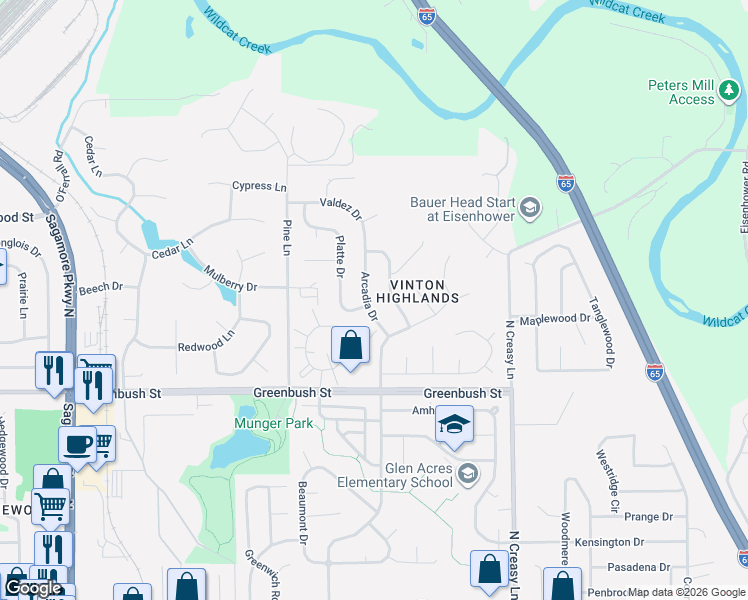 map of restaurants, bars, coffee shops, grocery stores, and more near 1863-1909 Arcadia Drive in Lafayette