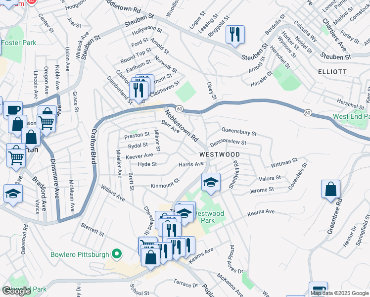 map of restaurants, bars, coffee shops, grocery stores, and more near 102 Dale Street in Pittsburgh