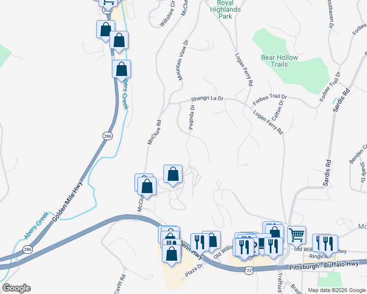 map of restaurants, bars, coffee shops, grocery stores, and more near 124 Pagoda Drive in Monroeville