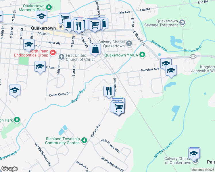 map of restaurants, bars, coffee shops, grocery stores, and more near 1 Beaver Run Drive in Quakertown