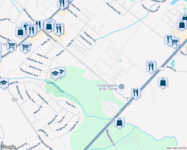 map of restaurants, bars, coffee shops, grocery stores, and more near 135 Finnegans Lane in South Brunswick Township