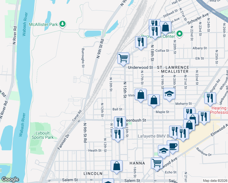 map of restaurants, bars, coffee shops, grocery stores, and more near 1721 North 13th Street in Lafayette