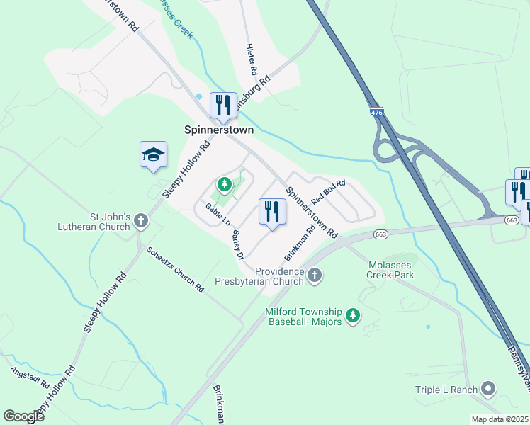 map of restaurants, bars, coffee shops, grocery stores, and more near Valley View Drive in Quakertown