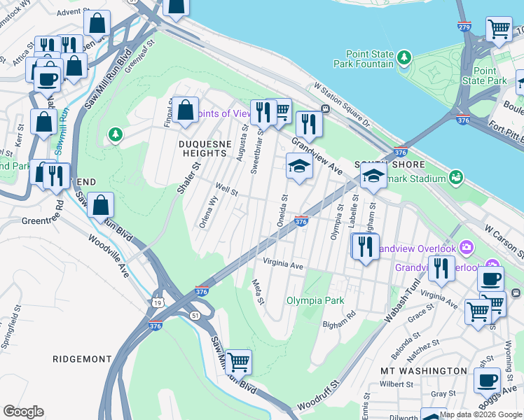 map of restaurants, bars, coffee shops, grocery stores, and more near 409 Sweetbriar Street in Pittsburgh