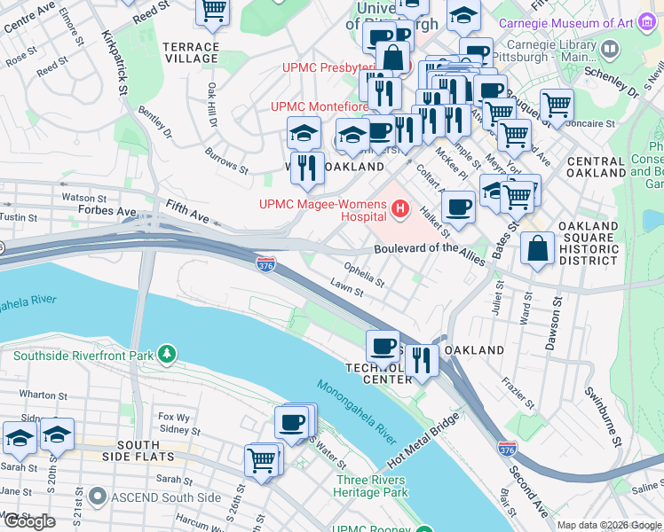 map of restaurants, bars, coffee shops, grocery stores, and more near 224 Ophelia Street in Pittsburgh