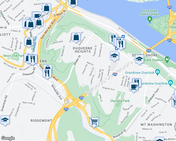 map of restaurants, bars, coffee shops, grocery stores, and more near 433 Augusta Street in Pittsburgh