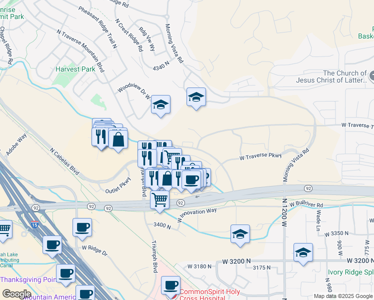 map of restaurants, bars, coffee shops, grocery stores, and more near 3851 North Traverse Mountain Boulevard in Lehi
