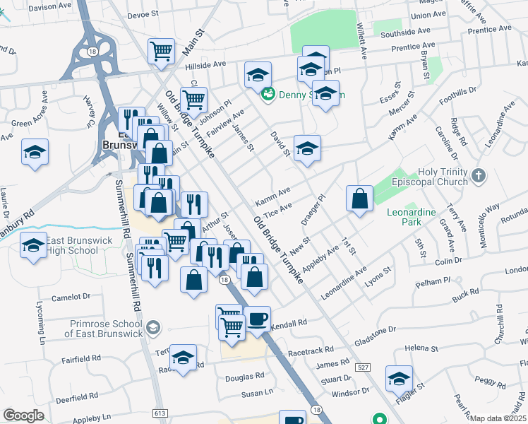 map of restaurants, bars, coffee shops, grocery stores, and more near 148 Old Bridge Turnpike in South River