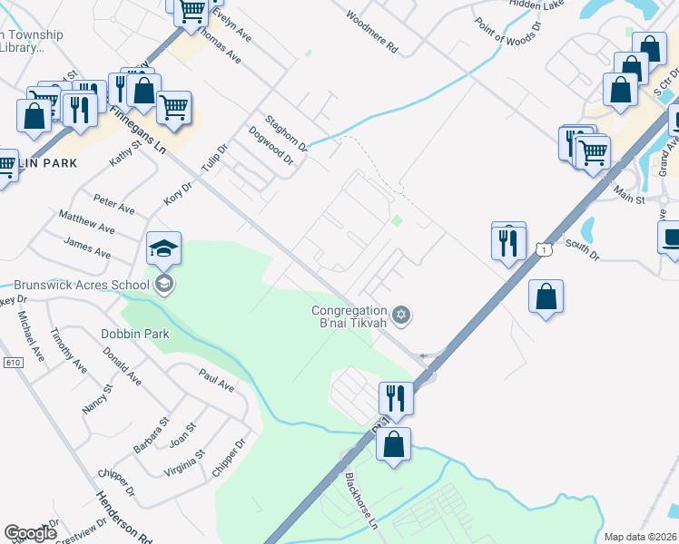 map of restaurants, bars, coffee shops, grocery stores, and more near 7 Petunia Drive in North Brunswick Township