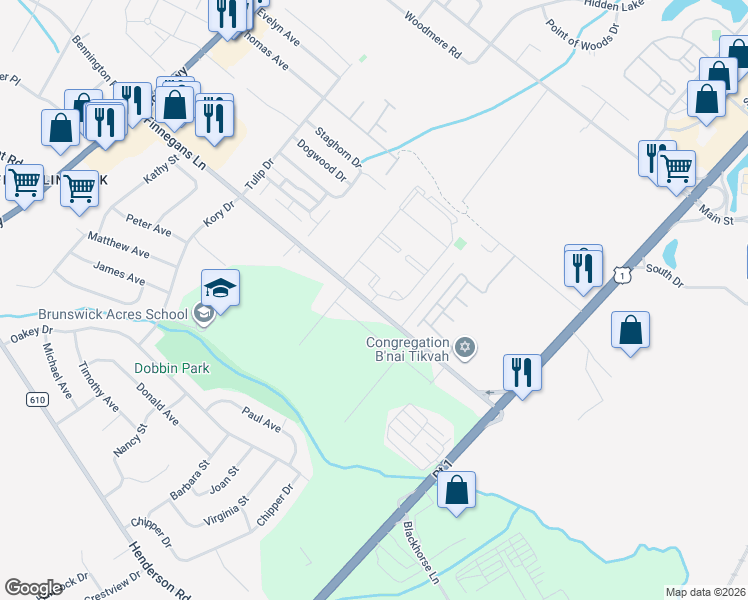 map of restaurants, bars, coffee shops, grocery stores, and more near 135 Finnegans Lane in South Brunswick Township