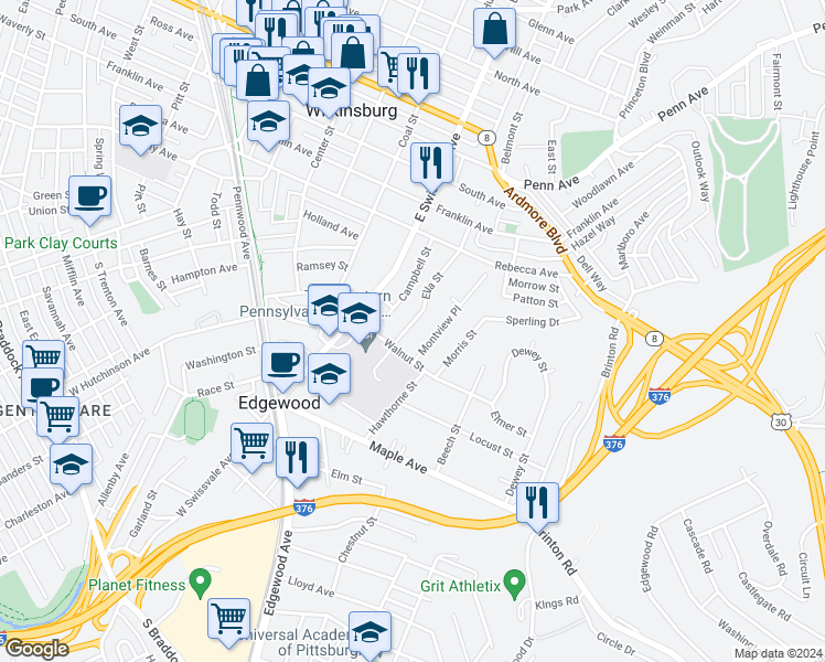 map of restaurants, bars, coffee shops, grocery stores, and more near 429 Ella Street in Pittsburgh