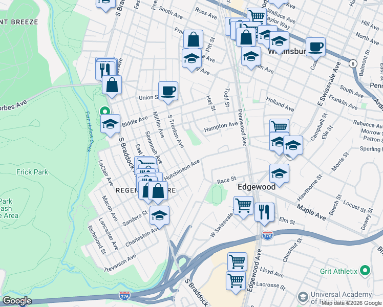 map of restaurants, bars, coffee shops, grocery stores, and more near 1021 South Trenton Avenue in Pittsburgh