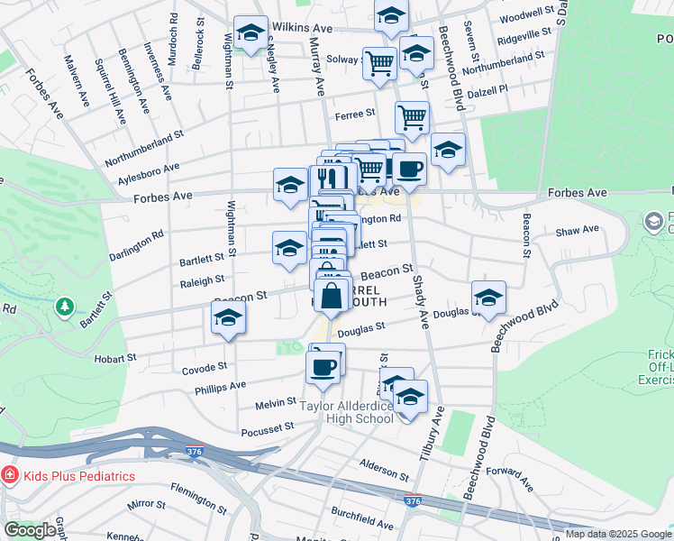 map of restaurants, bars, coffee shops, grocery stores, and more near 1824 Murray Avenue in Pittsburgh