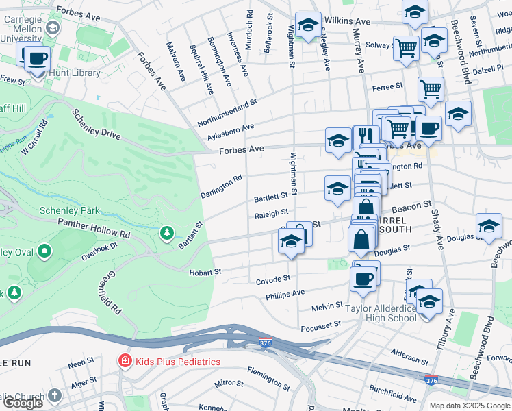 map of restaurants, bars, coffee shops, grocery stores, and more near 5501 Bartlett Street in Pittsburgh