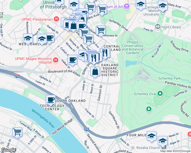 map of restaurants, bars, coffee shops, grocery stores, and more near 3441 Ward Street in Pittsburgh