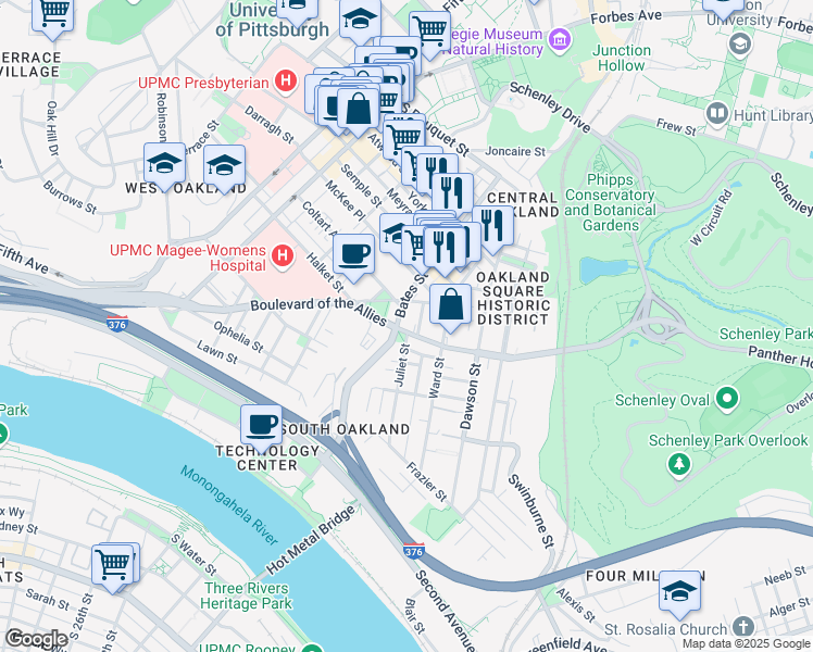 map of restaurants, bars, coffee shops, grocery stores, and more near in Pittsburgh