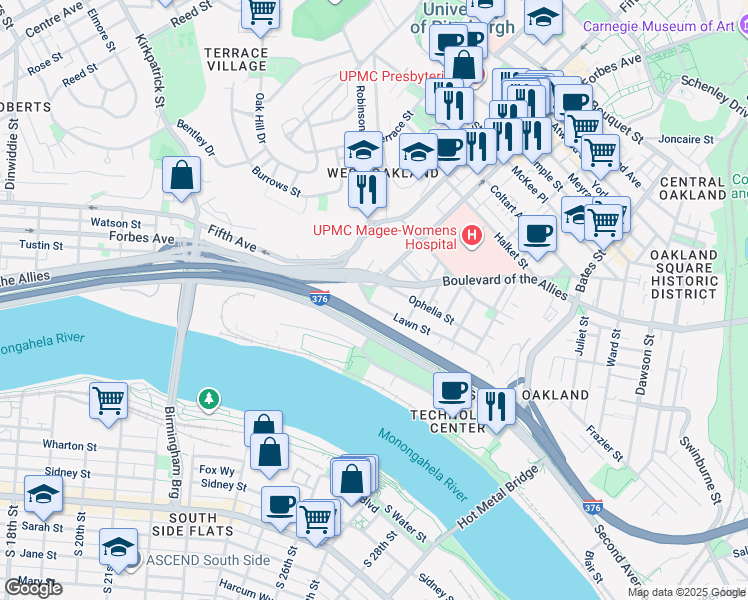 map of restaurants, bars, coffee shops, grocery stores, and more near 202 Ophelia Street in Pittsburgh