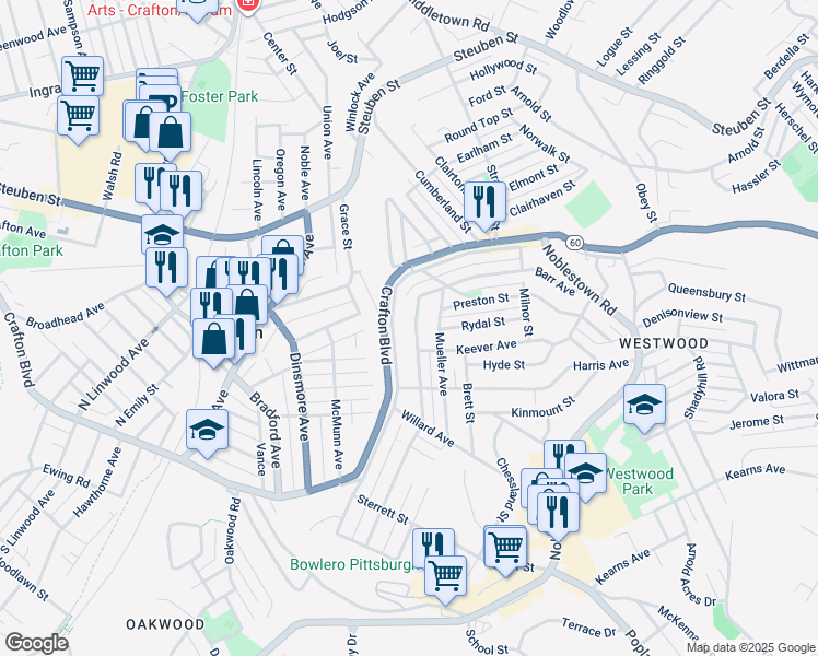 map of restaurants, bars, coffee shops, grocery stores, and more near 253 Clearview Avenue in Crafton