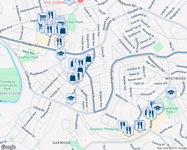 map of restaurants, bars, coffee shops, grocery stores, and more near 78 East Crafton Avenue in Crafton