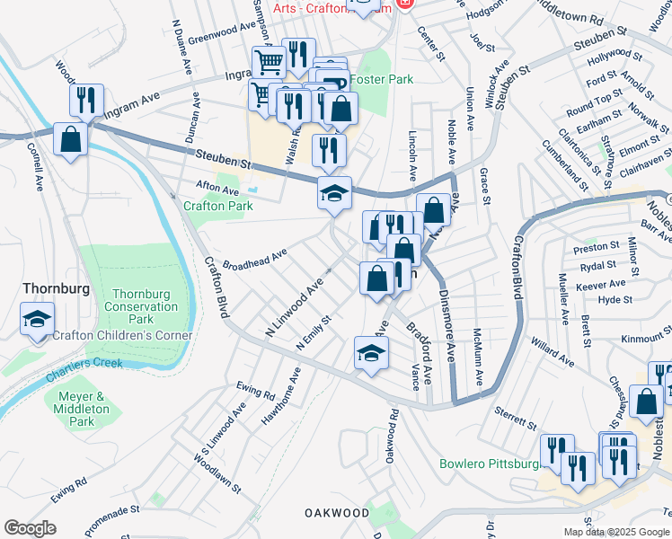 map of restaurants, bars, coffee shops, grocery stores, and more near 96 North Linwood Avenue in Pittsburgh