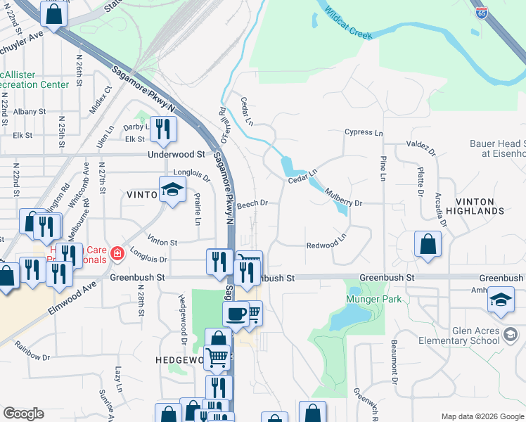 map of restaurants, bars, coffee shops, grocery stores, and more near 3301 Beech Drive in Lafayette