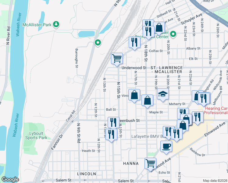map of restaurants, bars, coffee shops, grocery stores, and more near 1827 North 15th Street in Lafayette