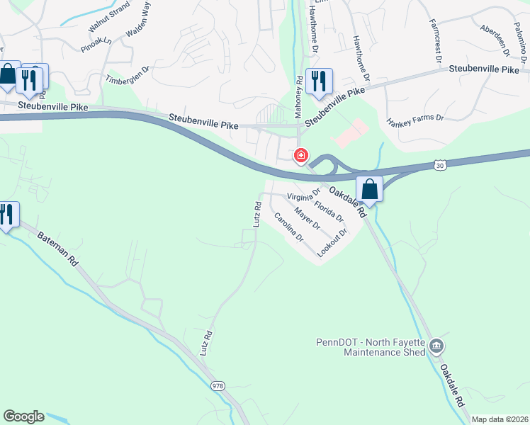 map of restaurants, bars, coffee shops, grocery stores, and more near 408 Carolina Drive in Oakdale