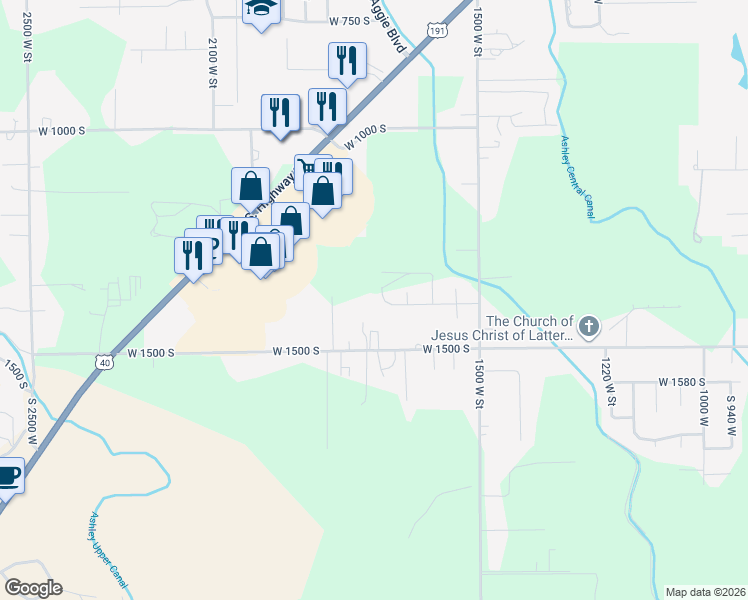map of restaurants, bars, coffee shops, grocery stores, and more near 1394 South 1700 West in Vernal
