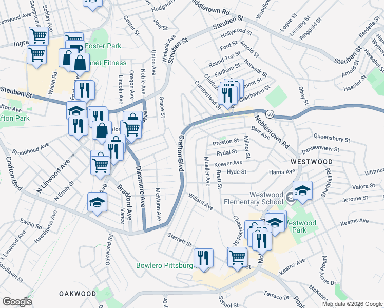 map of restaurants, bars, coffee shops, grocery stores, and more near 253 Clearview Avenue in Crafton