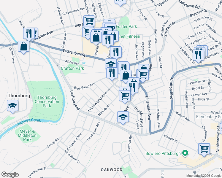 map of restaurants, bars, coffee shops, grocery stores, and more near 96 North Linwood Avenue in Pittsburgh