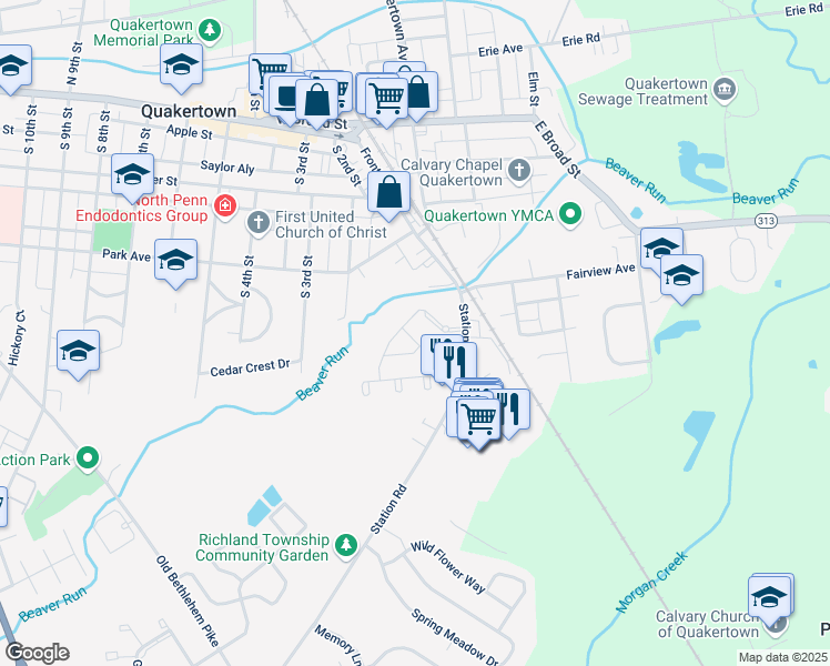map of restaurants, bars, coffee shops, grocery stores, and more near 209 Windsor Court in Quakertown