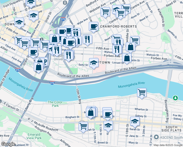 map of restaurants, bars, coffee shops, grocery stores, and more near 1345 Vickroy Street in Pittsburgh