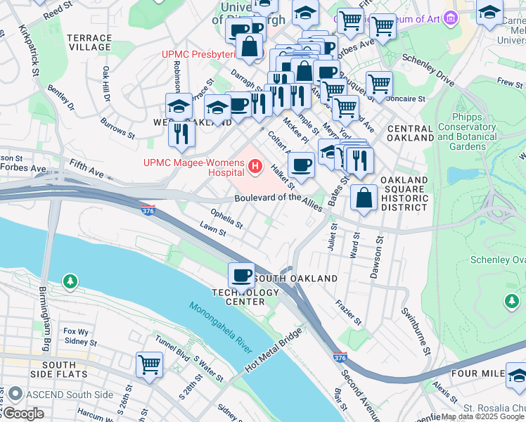 map of restaurants, bars, coffee shops, grocery stores, and more near 327 Craft Avenue in Pittsburgh