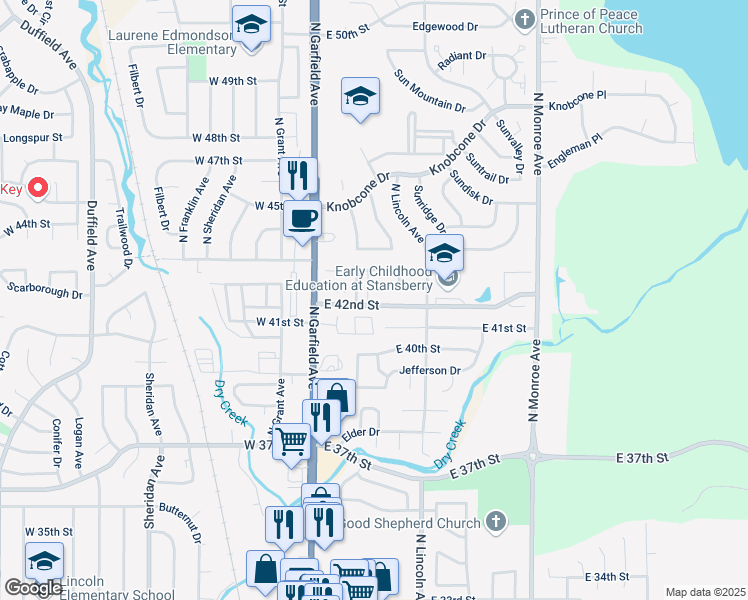 map of restaurants, bars, coffee shops, grocery stores, and more near 229 East 42nd Street in Loveland
