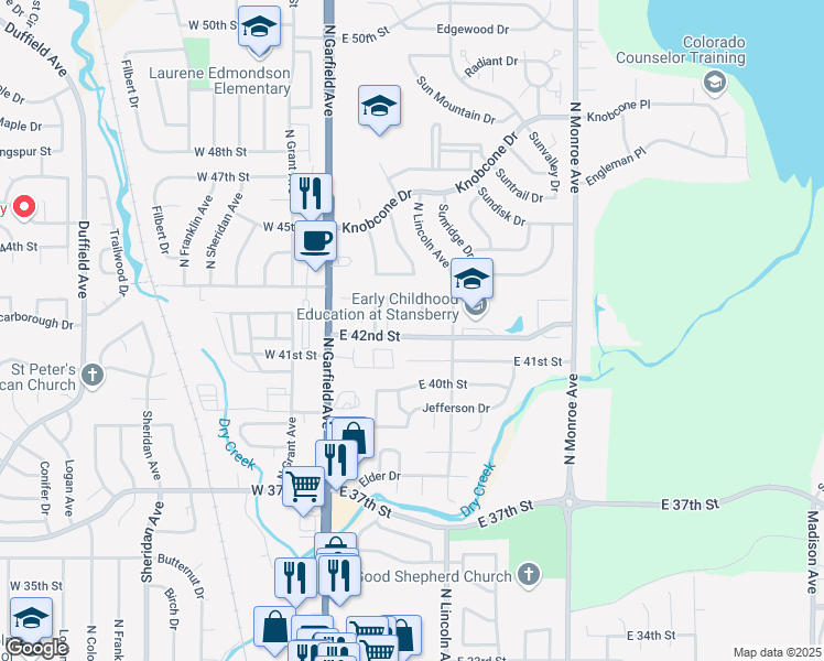 map of restaurants, bars, coffee shops, grocery stores, and more near 313 East 42nd Street in Loveland
