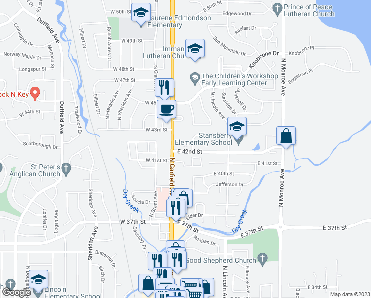 map of restaurants, bars, coffee shops, grocery stores, and more near 135 East 42nd Street in Loveland