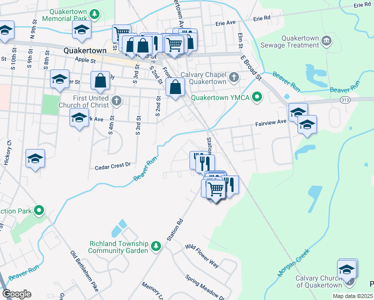 map of restaurants, bars, coffee shops, grocery stores, and more near 209 Windsor Court in Quakertown