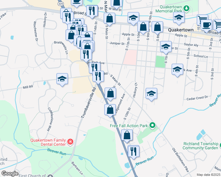 map of restaurants, bars, coffee shops, grocery stores, and more near 321 South West End Boulevard in Quakertown