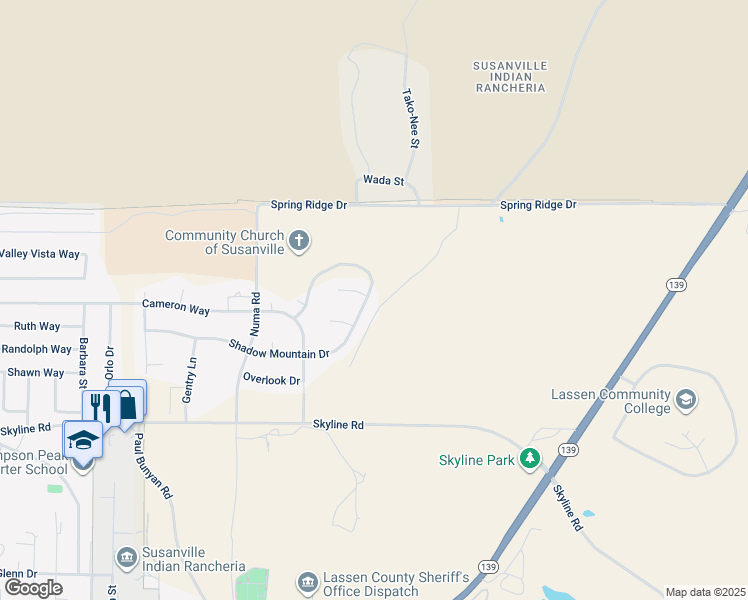 map of restaurants, bars, coffee shops, grocery stores, and more near 115 Jahna Court in Susanville