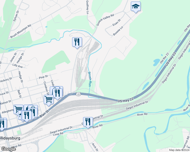 map of restaurants, bars, coffee shops, grocery stores, and more near 189 Sunset Drive in Hollidaysburg